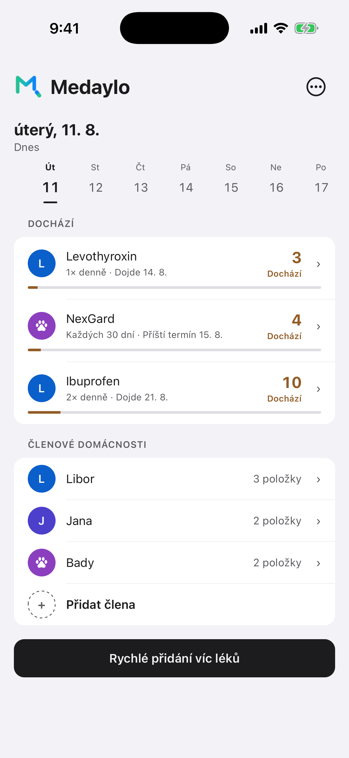 Domovská obrazovka Medaylo se seznamem léků a zbývajícími dny